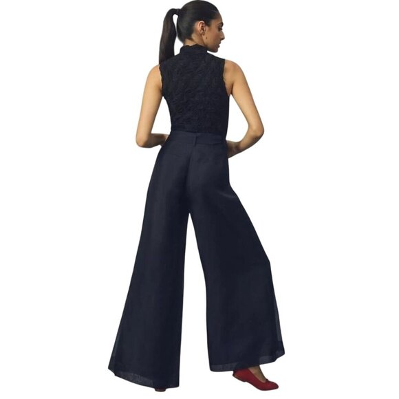 By Anthropologie NWT Silk Organza Wide Leg Pants Black Flowy Pockets Size 10 - Picture 7 of 14
